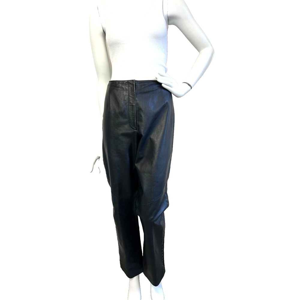 Clothes Revue Lambskin Leather Pant Lined Grommet Flat Front Black Size Large 12